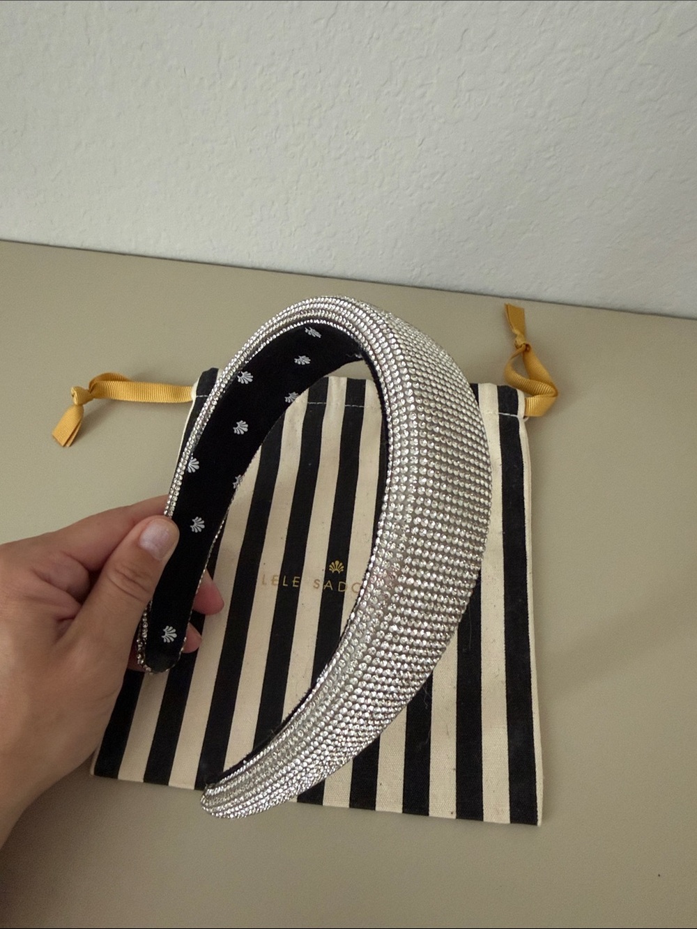 Lele Sadoughi Silver Crystal Padded Headband with Black Lining